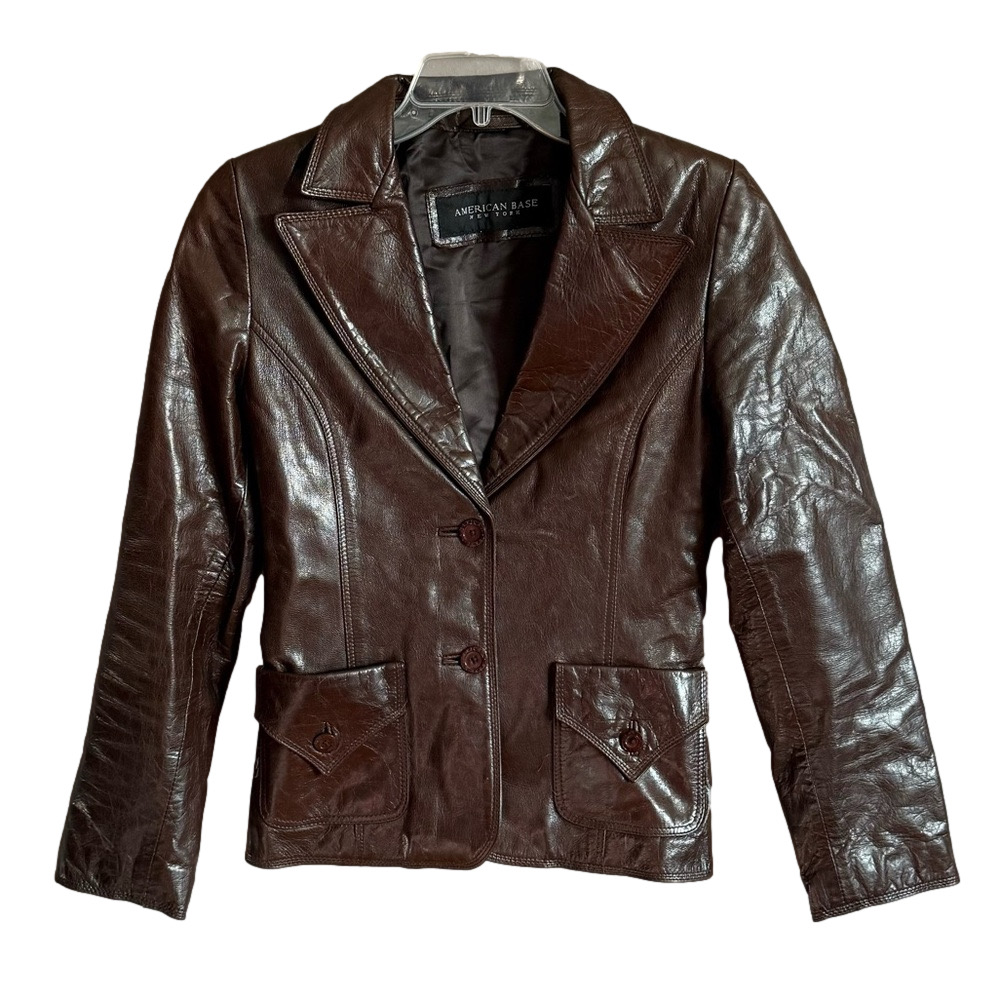 American Base Women's Brown Leather Jacket Button Front Size Small